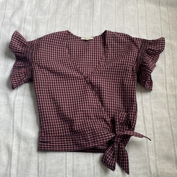 Madewell flutter sleeve, side tie, wrap blouse in plaid. - Picture 16 of 16